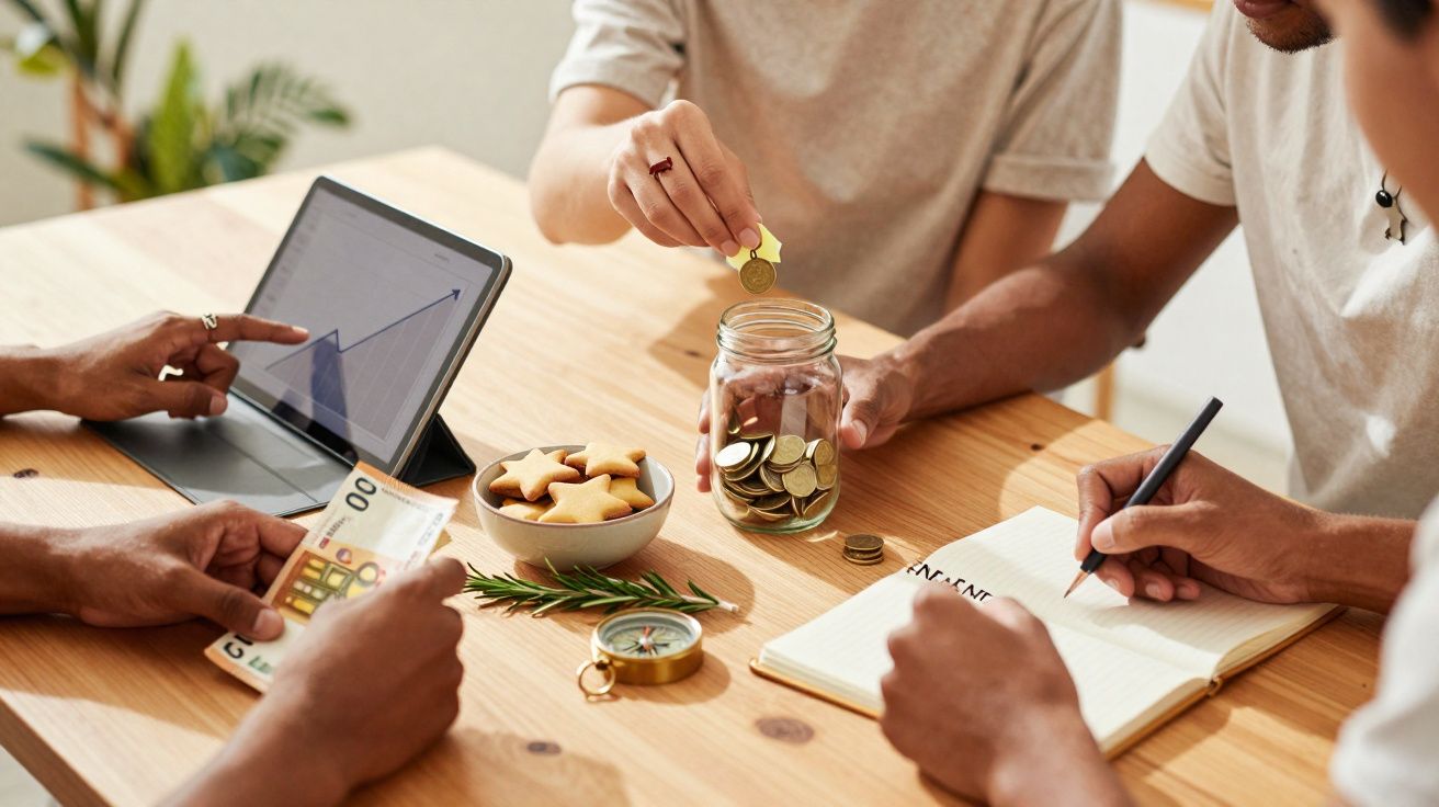 Pessoas a gerir poupanças e finanças, incluindo moedas num frasco, notas, tablet e bloco de notas.