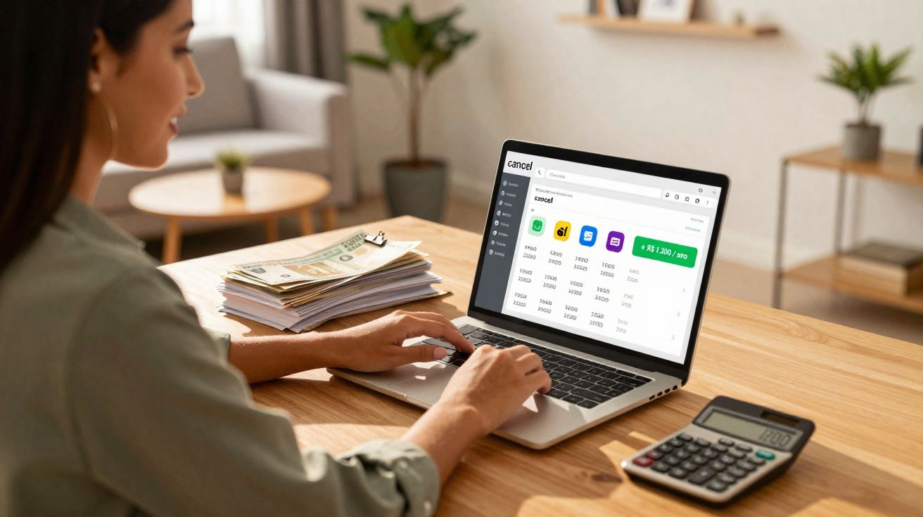 Mulher a trabalhar num portátil com uma calculadora e uma pilha de dinheiro numa mesa em casa.