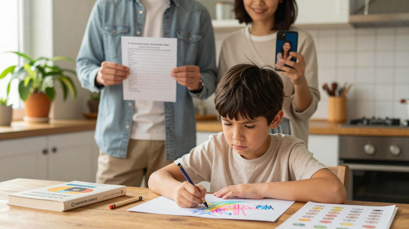 Criança a colorir desenhos numa mesa enquanto adultos sorriem e participam com vídeo chamada na cozinha.