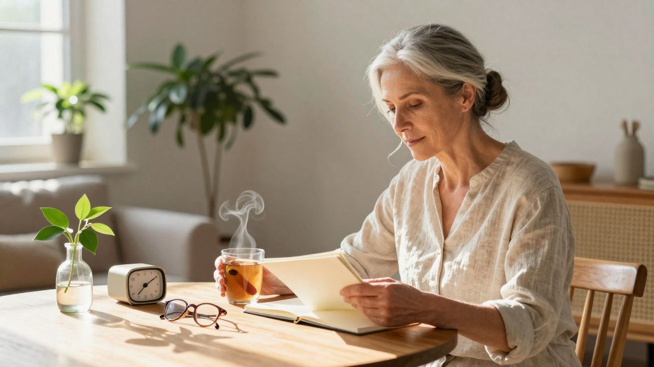 Mulher sénior a ler um livro à mesa com chá quente, óculos e relógio num ambiente luminoso e acolhedor.