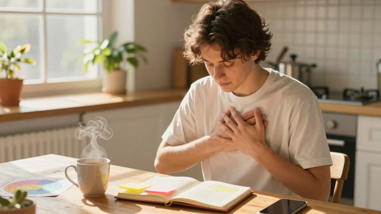 Jovem sentado à mesa com livro aberto e mãos no peito, parece sentir dor ou desconforto, cenário de cozinha.