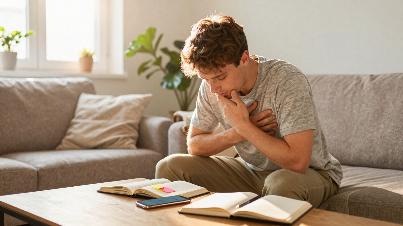Homem sentado no sofá com mãos no peito, aparentemente com dor, rodeado por livros e telemóvel na mesa.