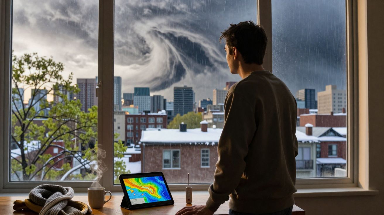 Homem observa furacão iminente na cidade através da janela, com previsão meteorológica num tablet à frente.