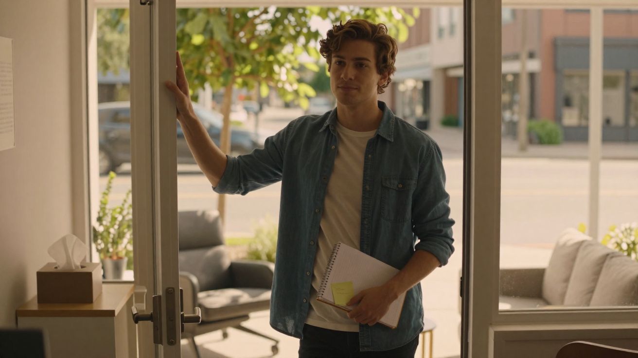 Homem jovem entra na sala de escritório com porta aberta e caderno na mão, luz natural exterior.