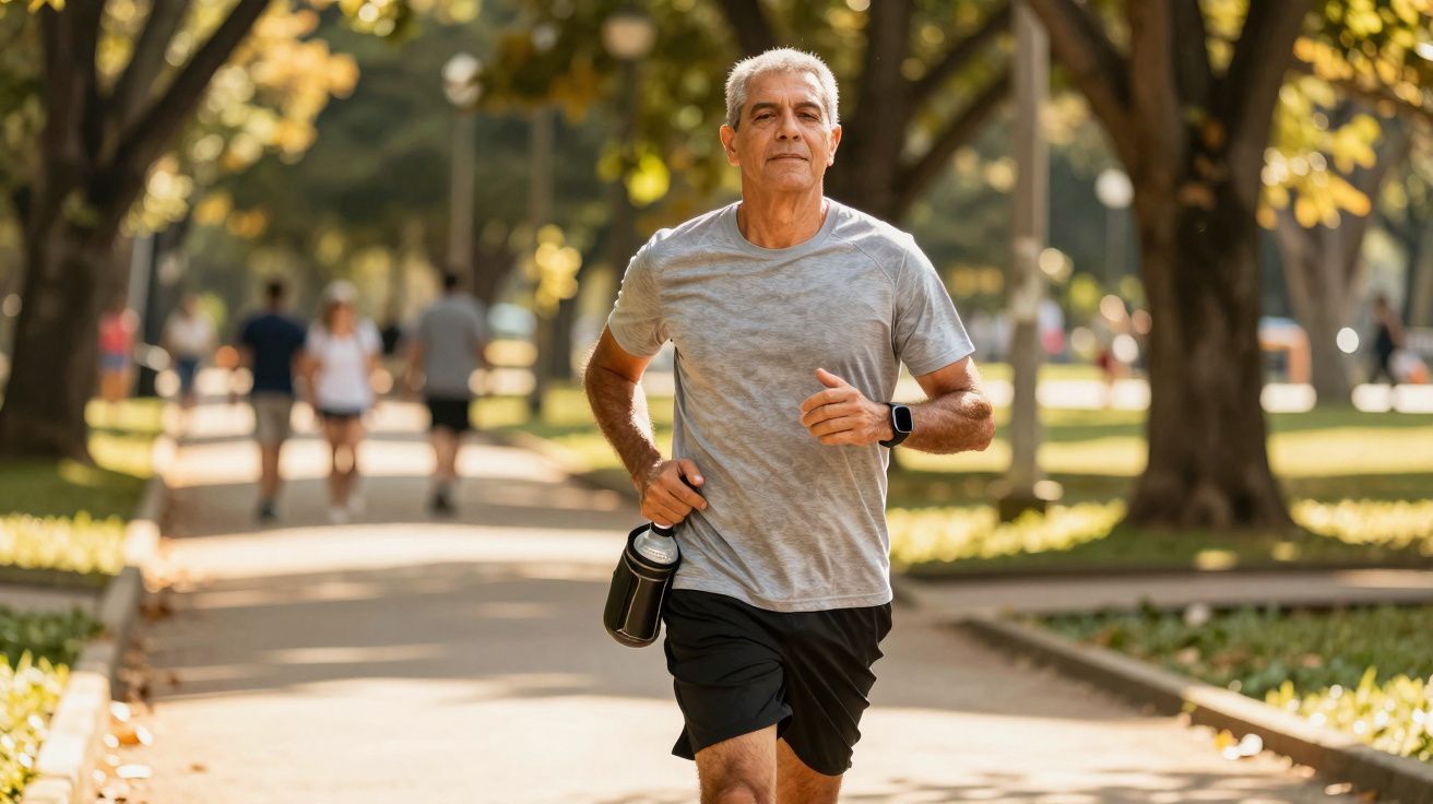 Homem idoso a correr num parque com garrafa de água na mão e usa relógio inteligente.