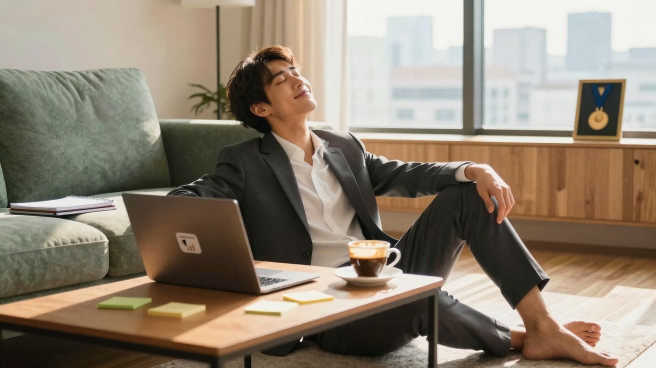Homem de fato sentado no chão ao lado de uma mesa com portátil e chá, a relaxar numa sala iluminada.