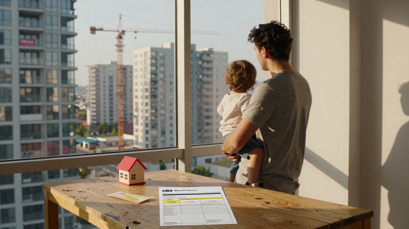 Homem de costas com criança ao colo olhando para prédios altos através de uma janela.