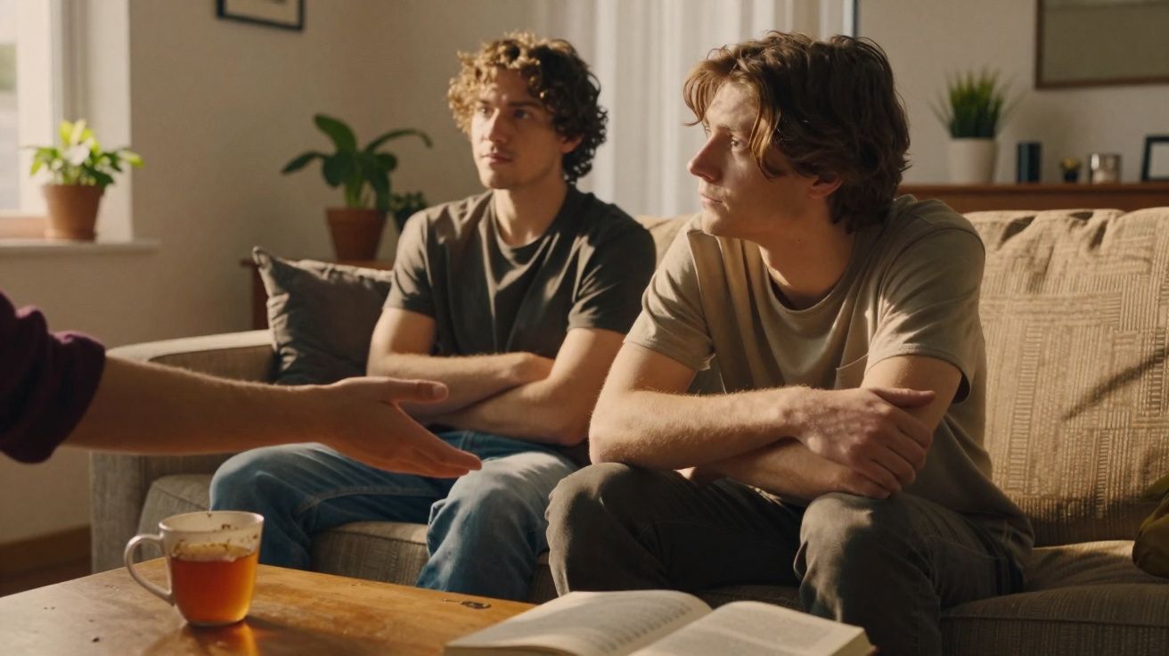 Dois jovens sentados num sofá a ouvir atentamente uma pessoa que está a falar, com chá numa mesa à frente.