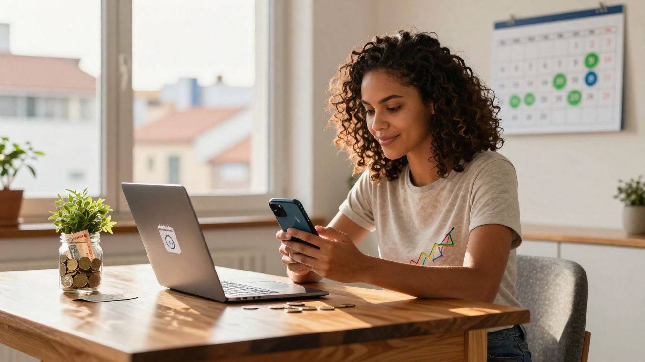 Mulher sentada numa mesa com computador portátil e telemóvel, ambiente luminoso com planta e calendário na parede.