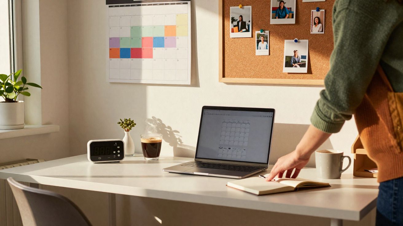 Mesa branca com portátil, caderno, relógio digital, plantas e quadro de cortiça com fotos num escritório iluminado pelo sol.