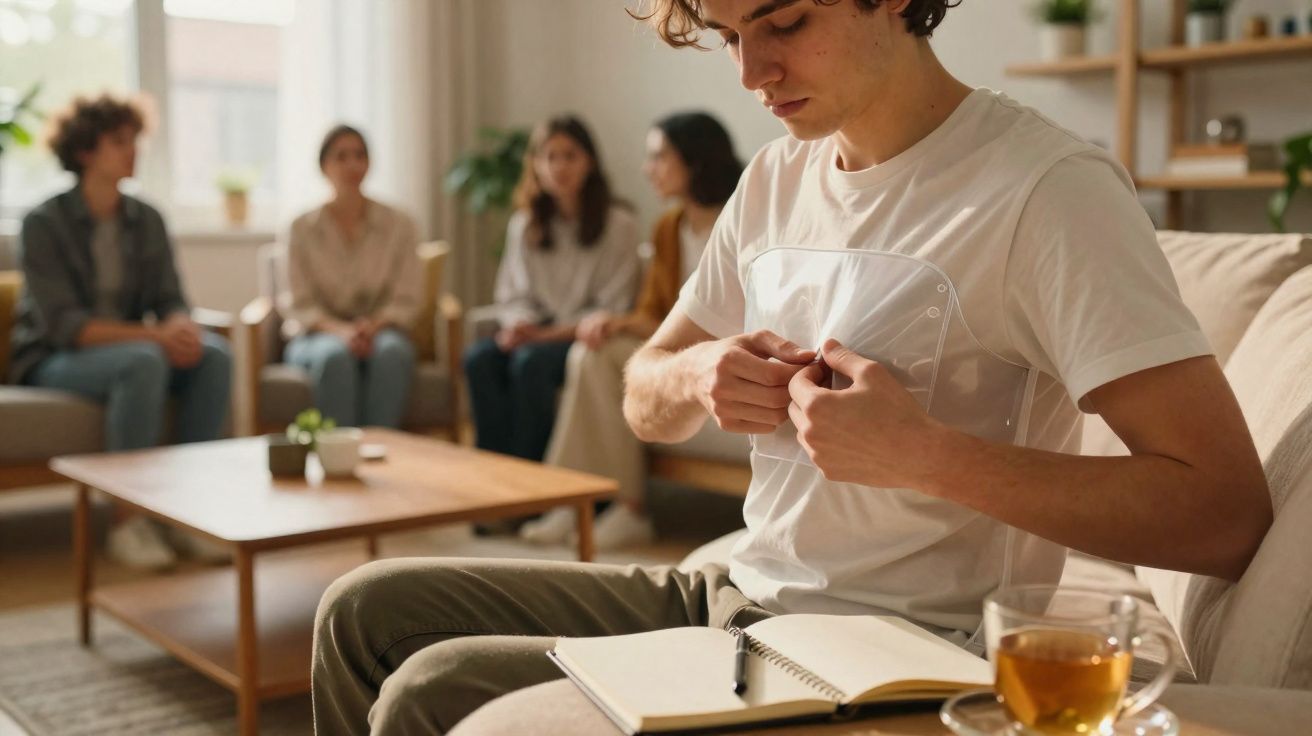 Jovem sentado no sofá a vestir colete de realidade aumentada enquanto quatro pessoas conversam ao fundo numa sala.