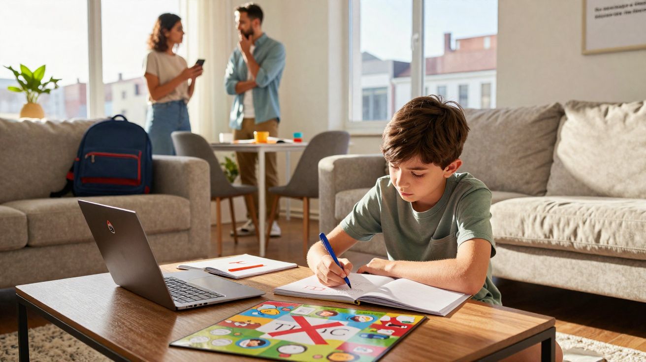 Criança a fazer os trabalhos de casa numa sala, com computador portátil e dois adultos a conversar ao fundo.