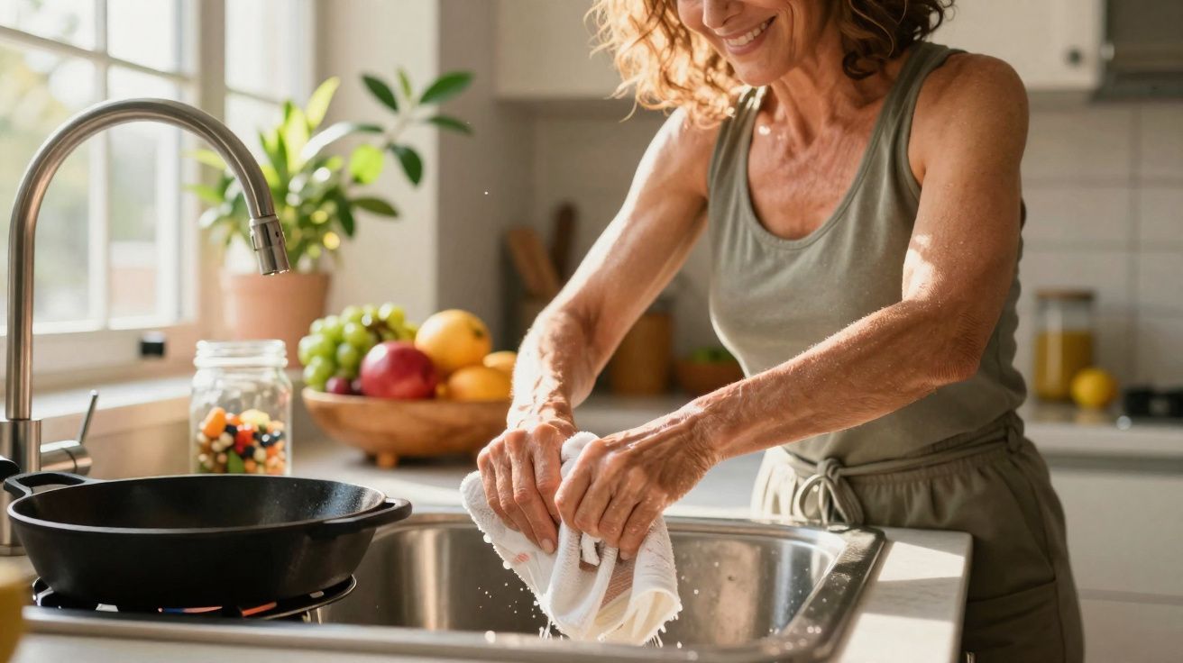 Mulher a lavar um pano na pia da cozinha com luz natural e frutas ao fundo.