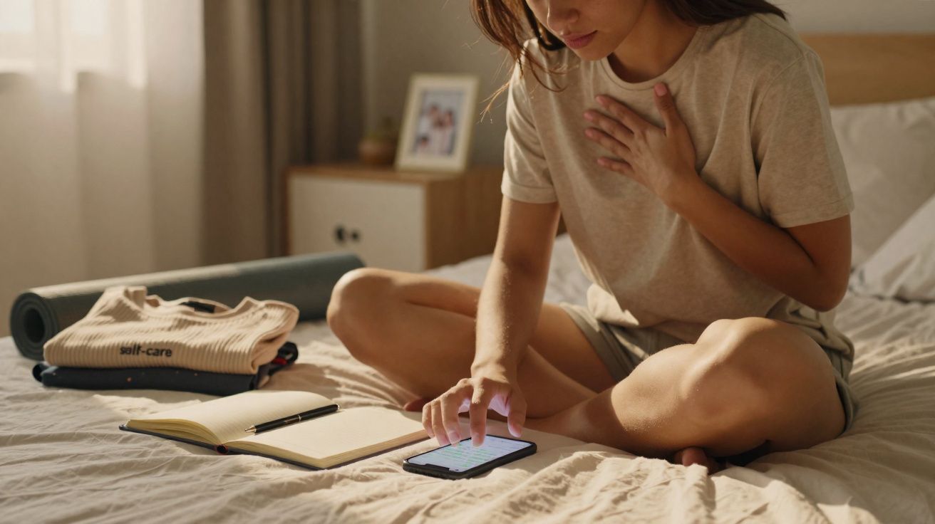 Mulher sentada na cama lê algo no telemóvel com mão no peito, ao lado tem caderno aberto e roupa dobrada.