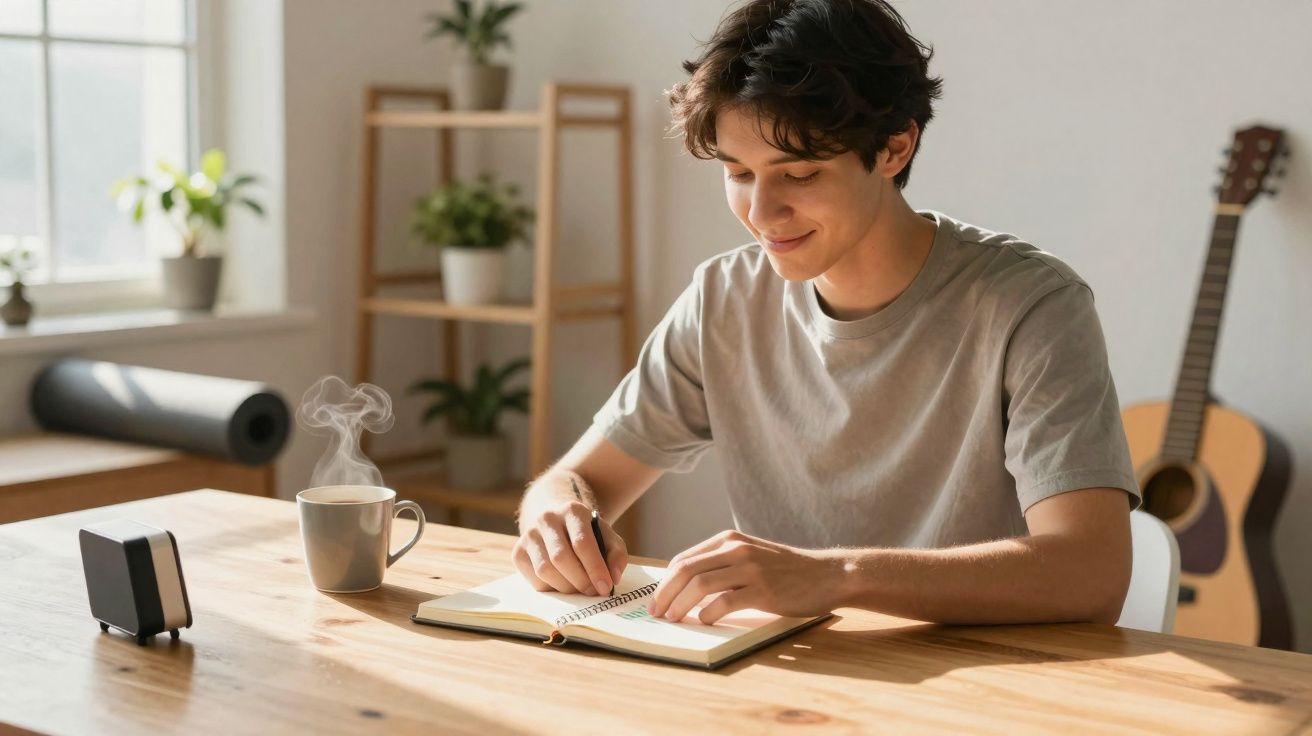 Jovem sentado a escrever num caderno à luz natural, com chá quente e guitarra ao fundo.