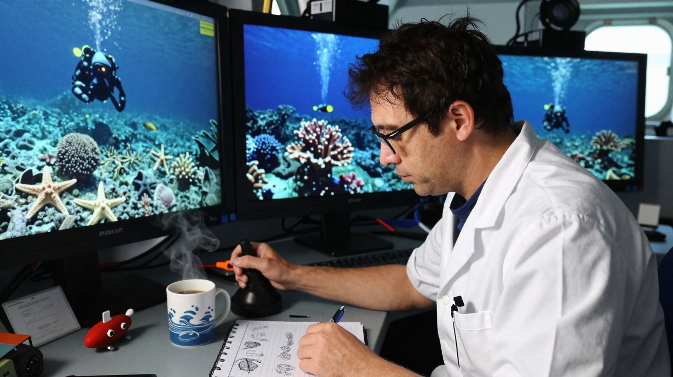 Cientista em bata branca desenha e analisa imagens de mergulhador e coral em três monitores.