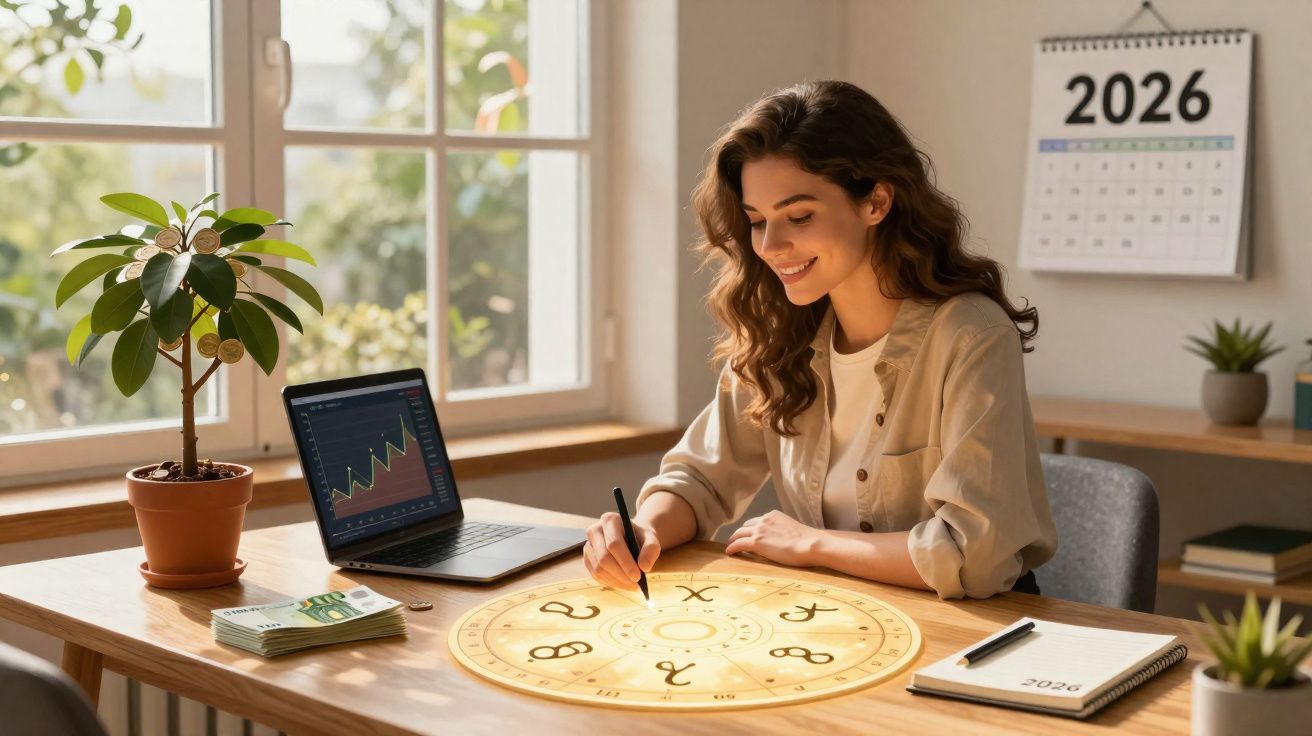 Mulher sorridente a fazer cálculos num quadro astrológico numa mesa com laptop, plantas e calendário de 2026.