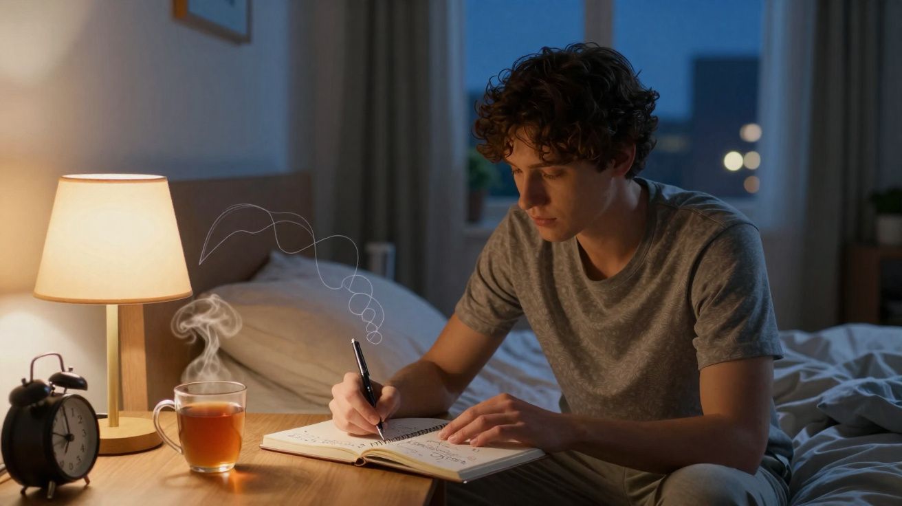 Jovem sentado na cama a escrever num caderno, com chá quente e candeeiro aceso numa mesa ao lado.