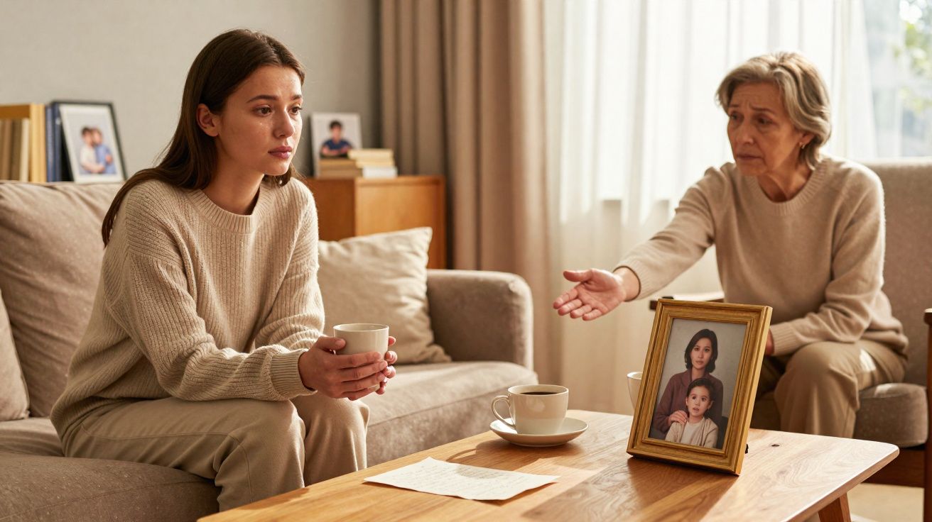 Mulher mais velha consola mulher mais nova sentadas numa sala com foto em moldura sobre a mesa.