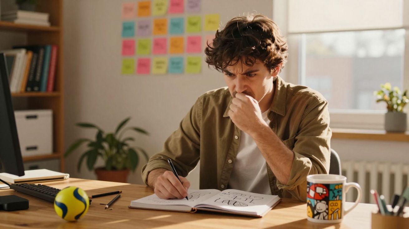 Jovem a pensar e a desenhar num bloco de notas numa mesa de trabalho com post-its coloridos na parede.