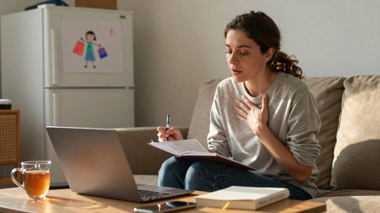 Mulher sentada no sofá a estudar ou trabalhar com caderno e computador portátil em sala iluminada.