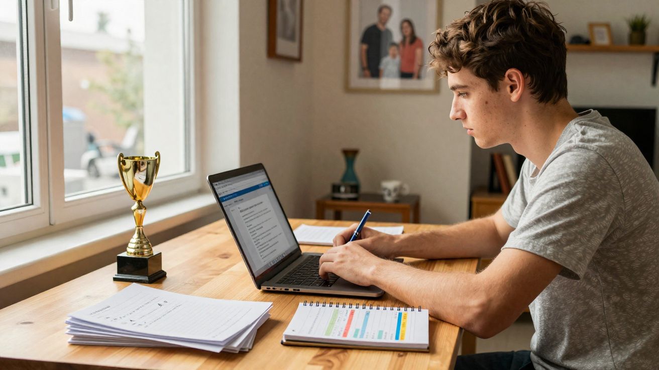 Jovem sentado a estudar com computador, apontamentos e troféu numa mesa junto a uma janela.