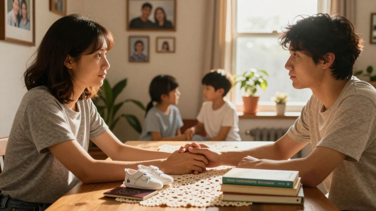 Casal de cabelos escuros sentados à mesa de madeira, de mãos dadas, com duas crianças ao fundo a conversar.