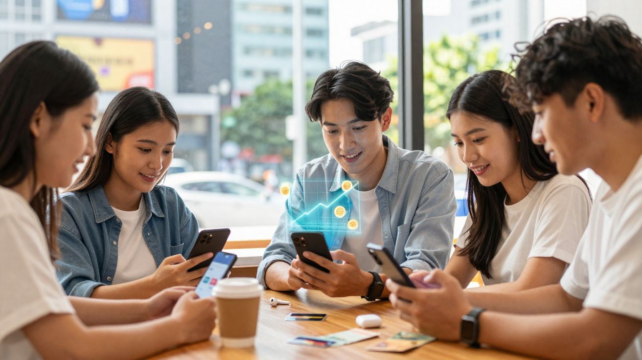 Grupo de jovens sentados numa mesa, cada um a usar um telemóvel, com gráfico digital holográfico visível.