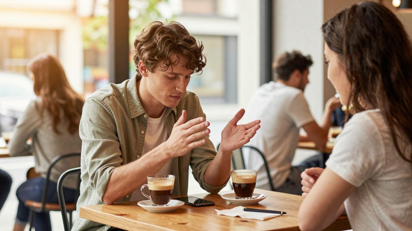 Dois jovens sentados numa mesa de café a conversar, com duas chávenas de café e um telemóvel à sua frente.