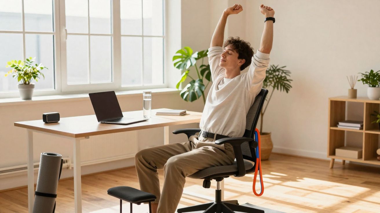 Homem a alongar-se sentado numa cadeira de escritório num ambiente de trabalho luminoso e organizado.