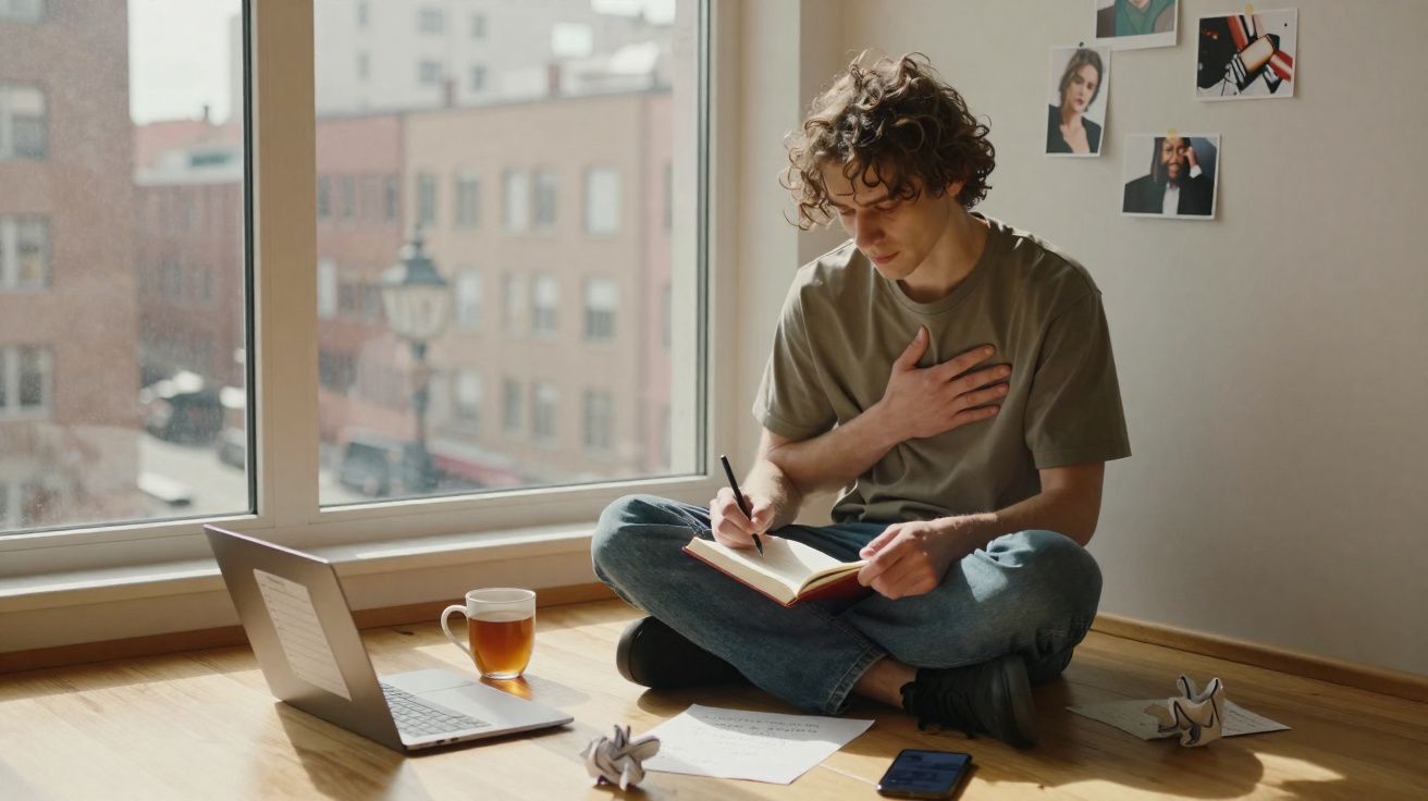 Jovem sentado no chão junto a janela, escreve num caderno com um laptop, chá e papéis espalhados.