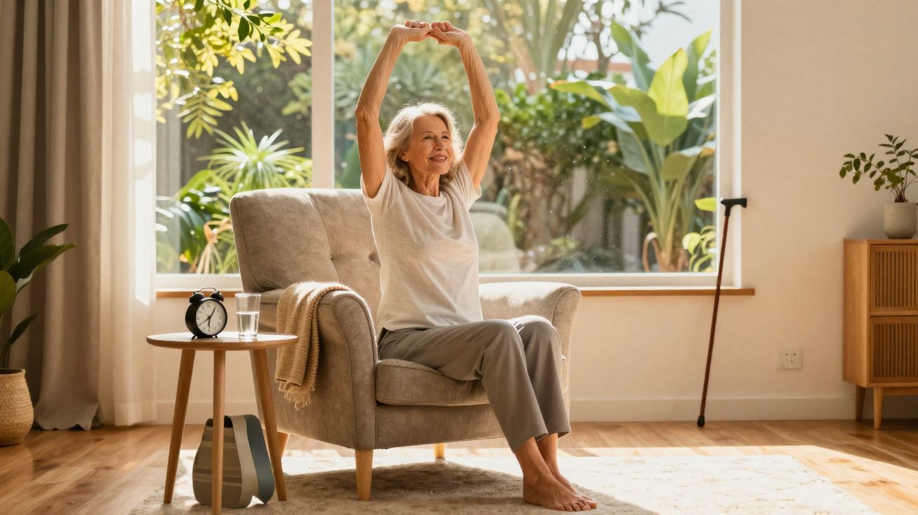 Mulher idosa a fazer alongamentos sentada numa poltrona numa sala iluminada com plantas ao fundo.