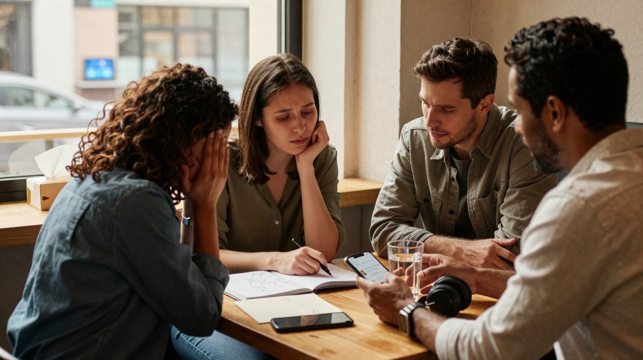 Quatro pessoas sentadas à mesa, duas parecem preocupadas enquanto outra mostra algo num telemóvel.