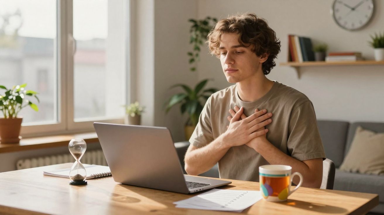 Jovem sentado a trabalhar no portátil, com as mãos no peito, numa sala luminosa com plantas e caneca colorida na mesa.