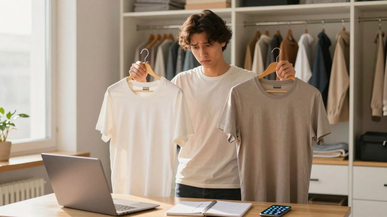 Homem indeciso escolhe entre duas t-shirts, branco e bege, em frente a um portátil e caderno numa mesa.