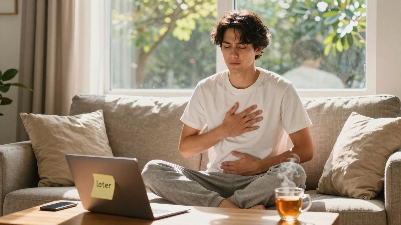 Jovem sentado no sofá com mão no peito e na barriga, aparentando desconforto ou dor, com chá quente na mesa.