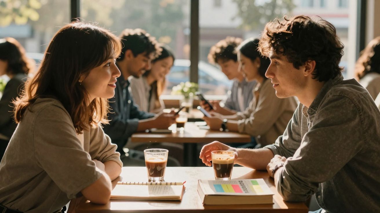 Casal jovem conversa numa mesa de café com bebidas e livros, ambiente luminoso e outras pessoas ao fundo.