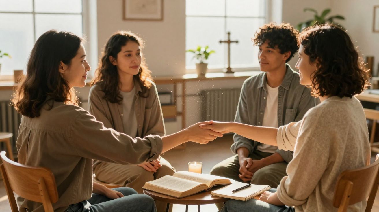 Quatro pessoas sentadas em círculo, duas delas apertando as mãos num ambiente acolhedor e luminoso.