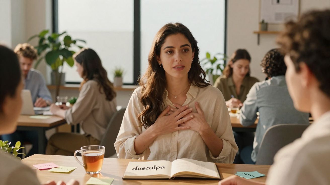 Mulher a pedir desculpa com mãos no peito sentada à mesa com caderno aberto e chá, em ambiente de grupo.