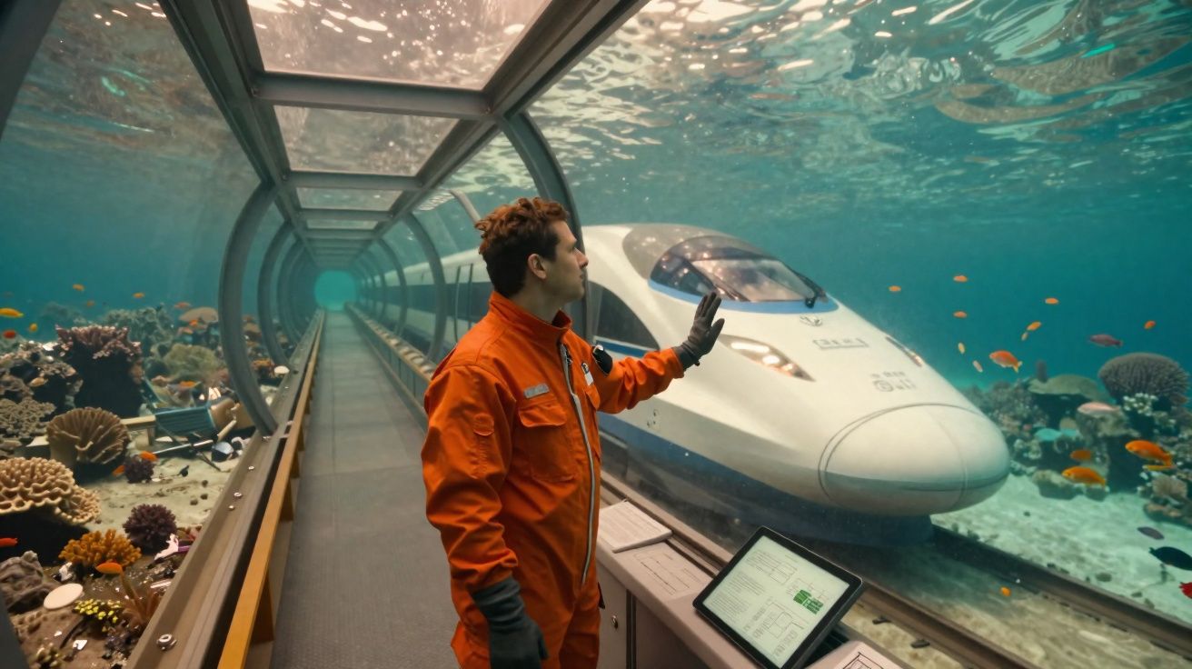 Homem de fato laranja observa comboio de alta velocidade numa passagem subaquática rodeada de peixes e corais.