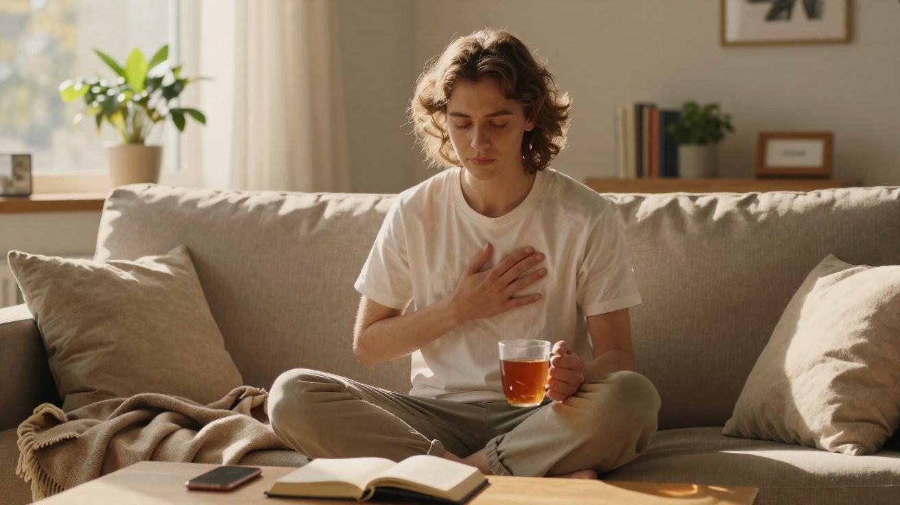 Pessoa sentada no sofá a segurar uma chávena de chá com a mão no peito, aparentando desconforto.