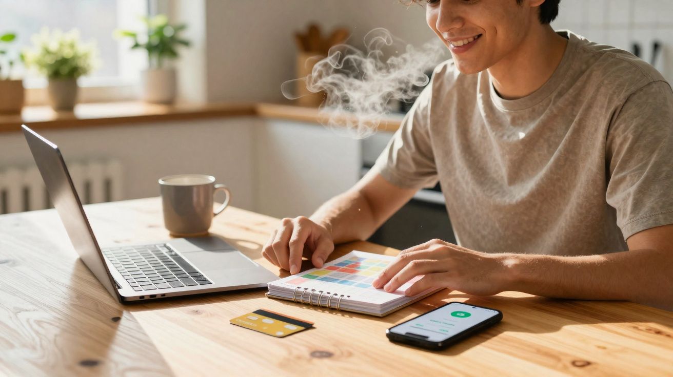 Pessoa sorridente a trabalhar num computador portátil com um caderno e um telemóvel numa mesa de madeira.