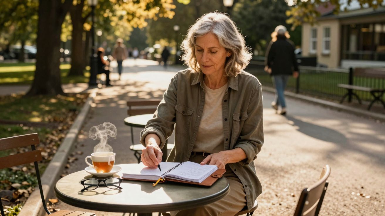 Mulher adulta sentada ao ar livre, escrevendo num caderno com chá quente e óculos numa mesa.