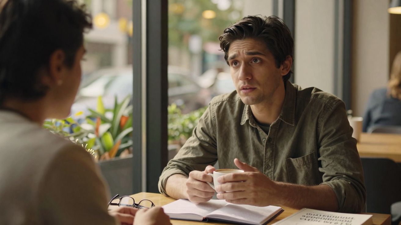 Dois homens conversam sentados numa mesa de café junto à janela, um segura uma chávena de café.