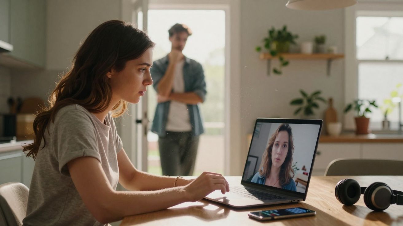 Mulher conversa por videochamada no portátil numa cozinha com homem ao fundo pensativo.