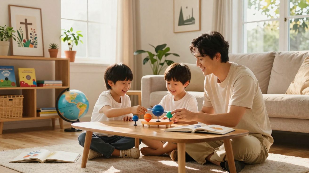 Pai e filhos brincam com modelo do sistema solar numa sala iluminada e acolhedora.