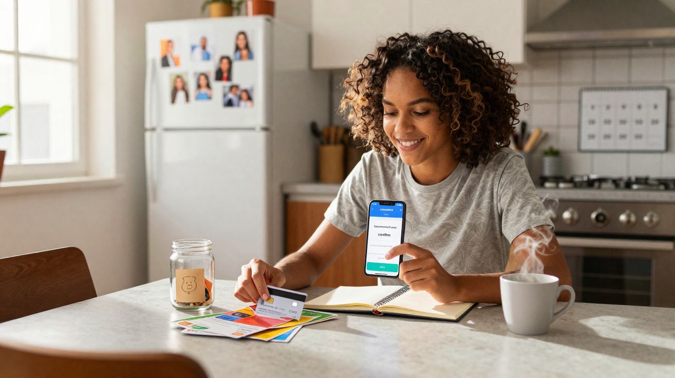 Mulher sorridente a usar telemóvel e cartão para pagamentos, sentada na cozinha com café e notas na mesa.