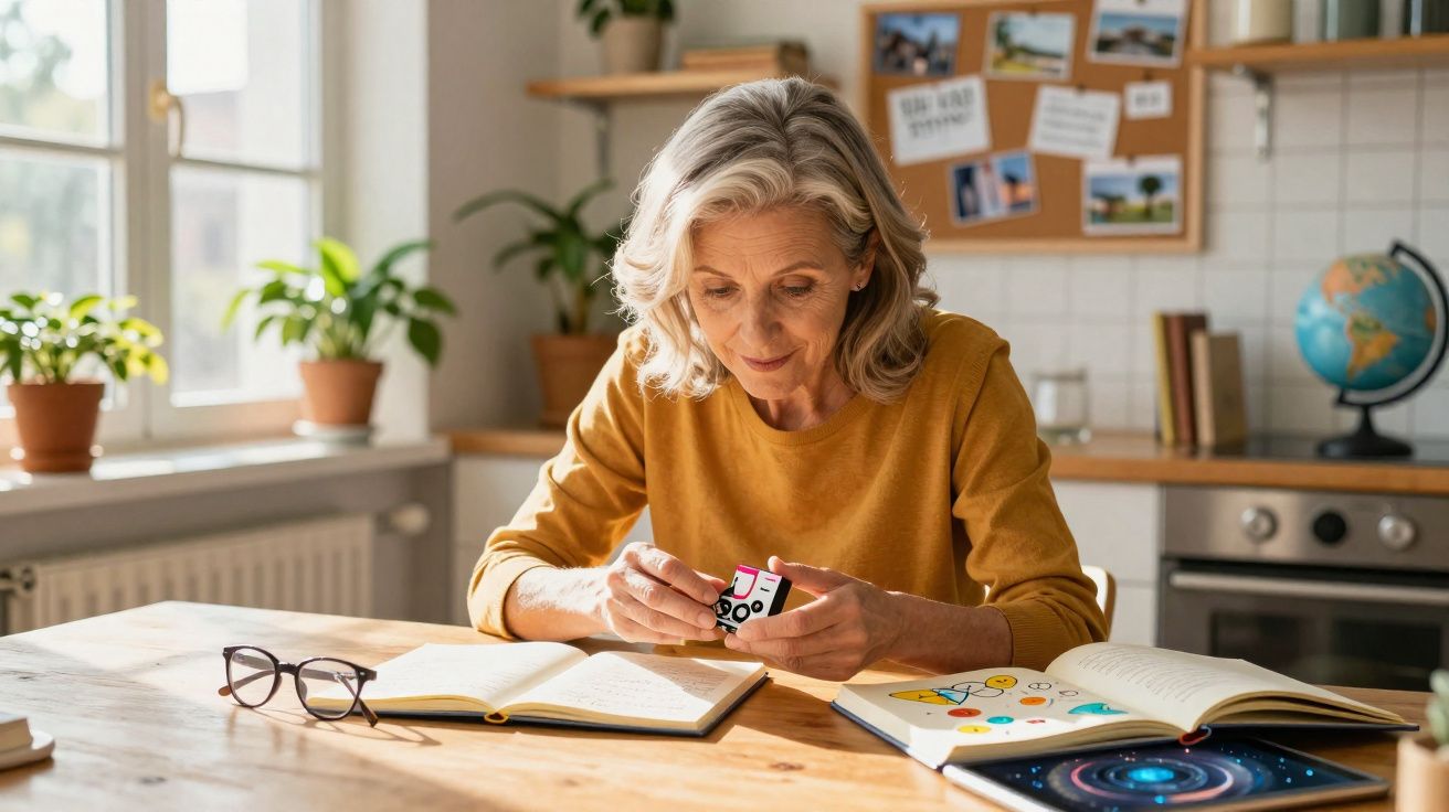 Mulher sénior sentada à mesa, a brincar com cubo mágico, rodeada de livros abertos numa cozinha iluminada.