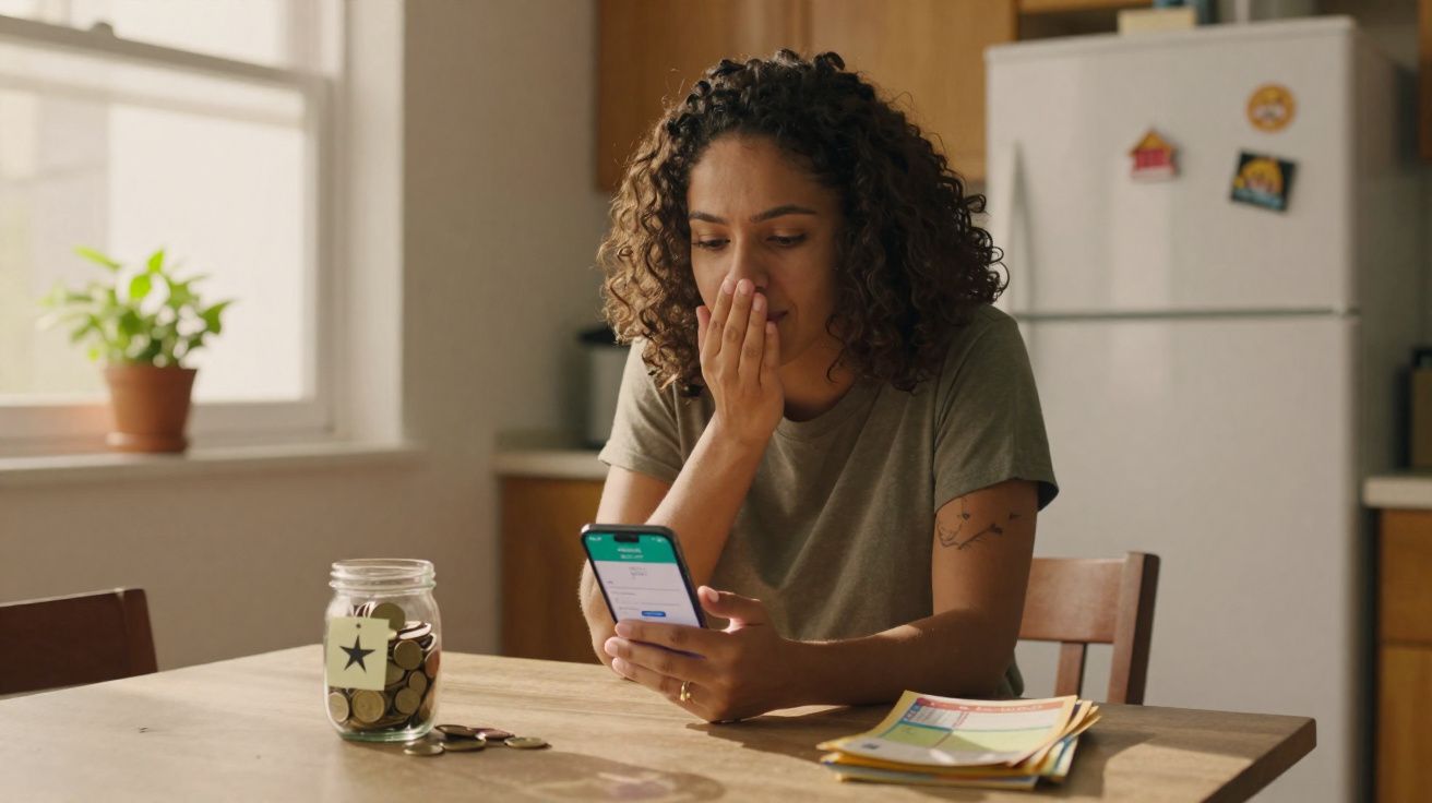 Mulher preocupada consulta telemóvel sentada à mesa com jarro de moedas e contas, em cozinha iluminada.