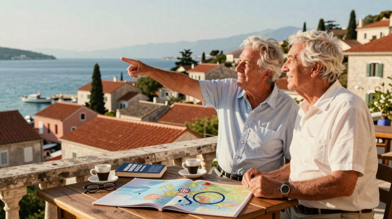 Dois homens idosos sentados numa varanda com vista para o mar, a olhar para o horizonte e um mapa aberto à frente.